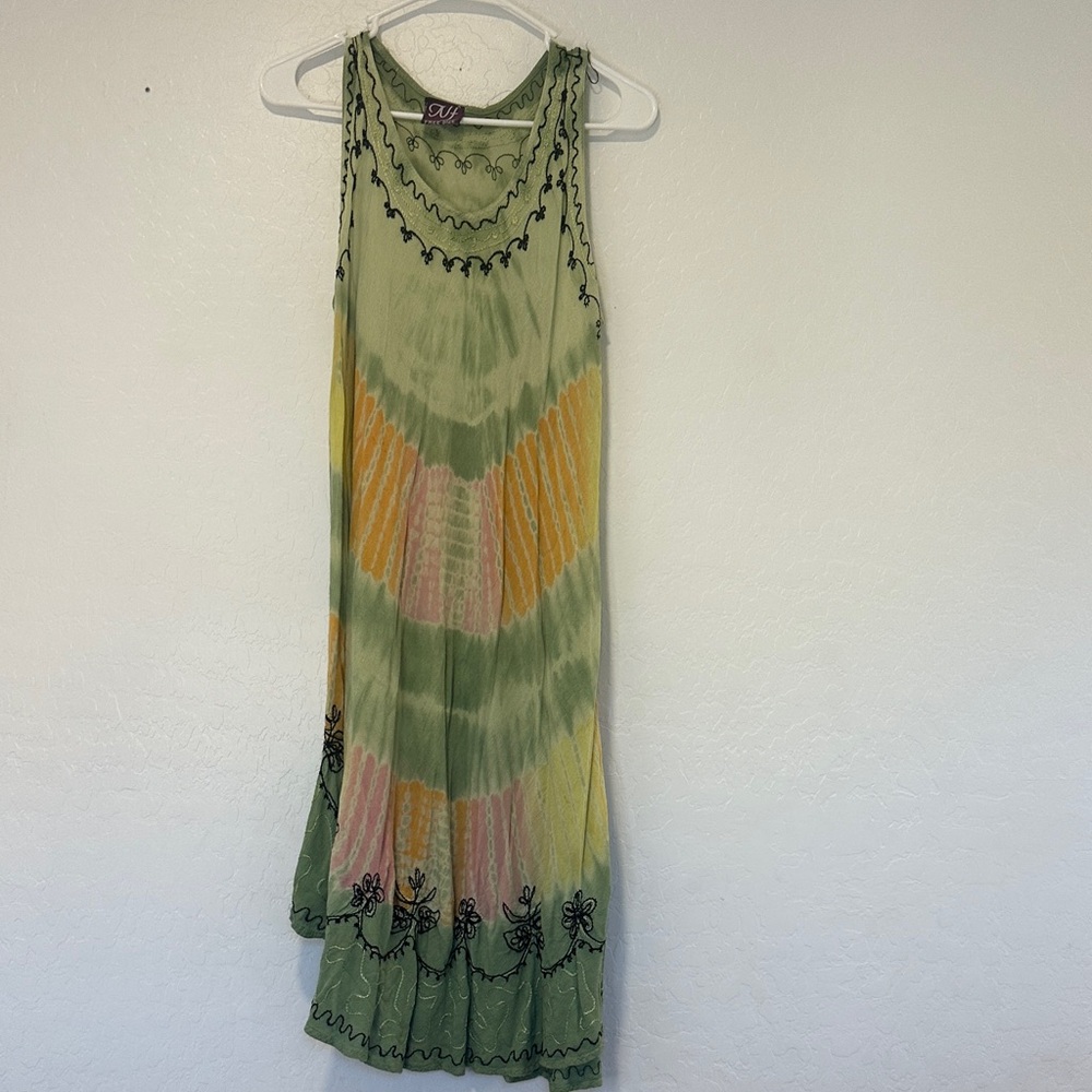 India one size green Sleeveless Dress Embroidered multi loose tye dye fairy rave